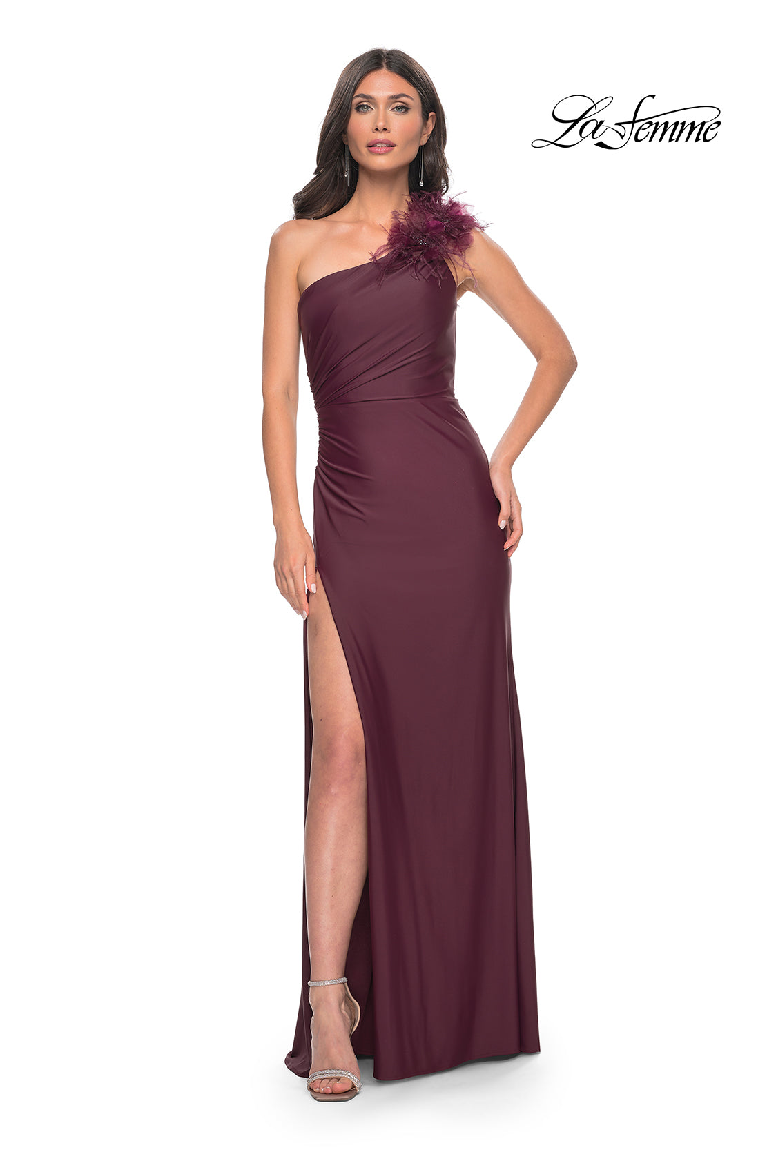 La-Femme-32076-One-Shoulder-Neckline-Zipper-Back-High-Slit-Jersey-Fitted-Dark-Wine-Evening-Dress-B-Chic-Fashions-Prom-Dress