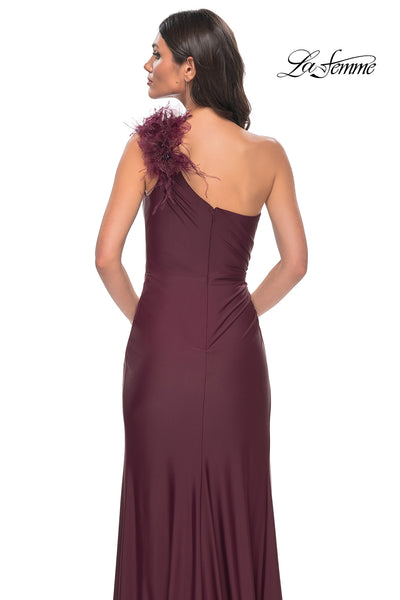 La-Femme-32076-One-Shoulder-Neckline-Zipper-Back-High-Slit-Jersey-Fitted-Dark-Wine-Evening-Dress-B-Chic-Fashions-Prom-Dress