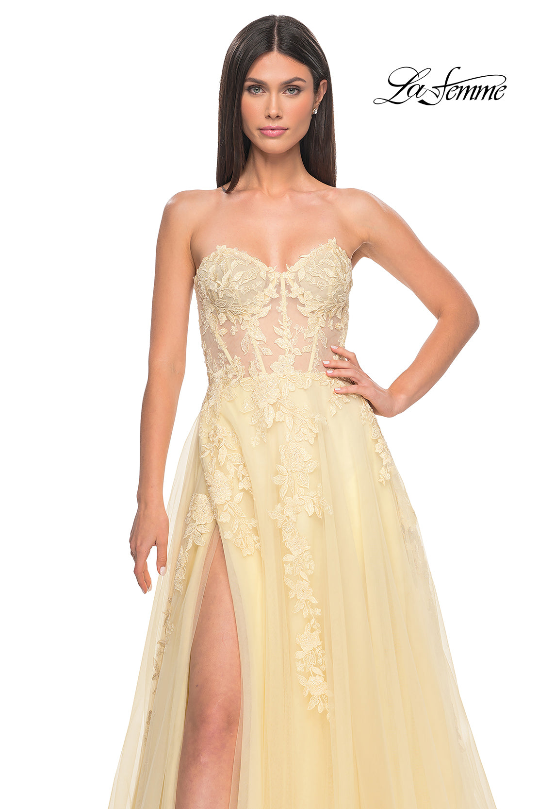 La-Femme-32082-Sweetheart-Neckline-Zipper-Back-High-Slit-Lace-Tulle-A-Line-Pale-Yellow-Evening-Dress-B-Chic-Fashions-Prom-Dress