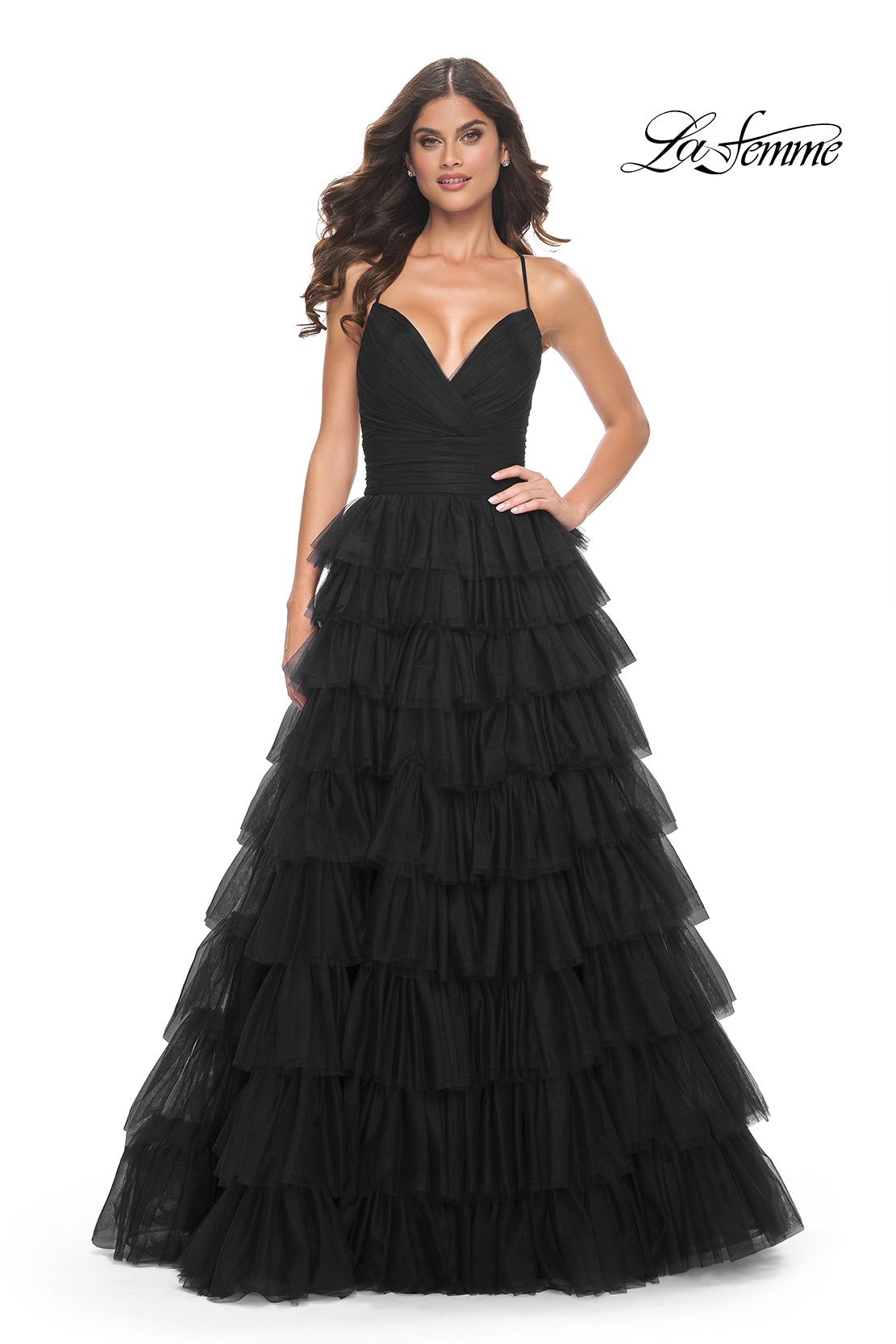 La Femme 32086 V-Neck Neckline Lace up Back Tiered Tulle Ball Gowns Evening Dress B Chic Fashions Long Dress Evening Gowns