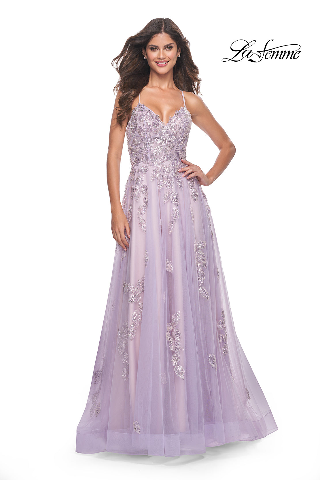 La-Femme-32090-V-Neck-Neckline-Criss-Cross-Back-Lace-Tulle-A-Line-Lavender-Evening-Dress-B-Chic-Fashions-Prom-Dress