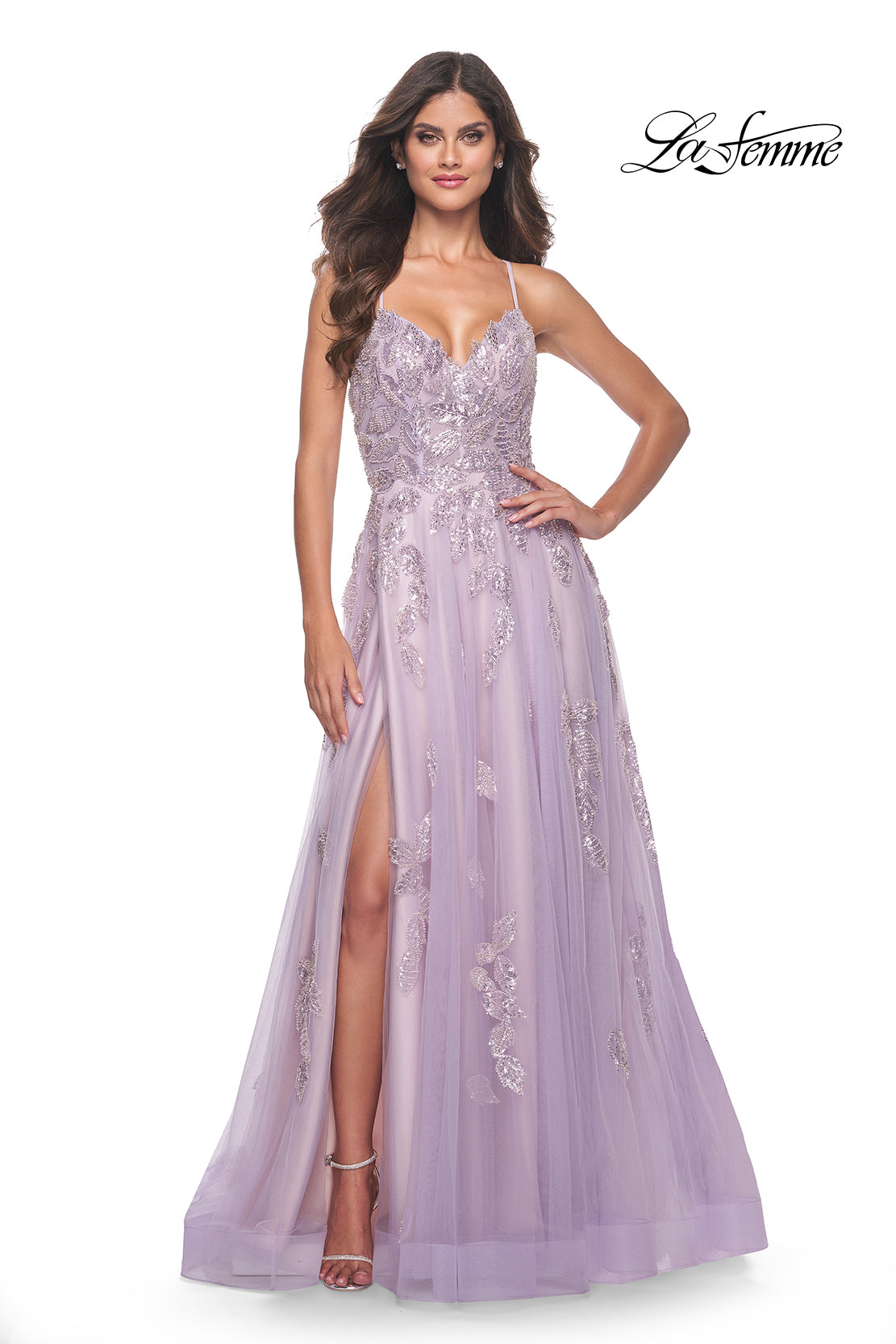 La-Femme-32090-V-Neck-Neckline-Criss-Cross-Back-Lace-Tulle-A-Line-Lavender-Evening-Dress-B-Chic-Fashions-Prom-Dress