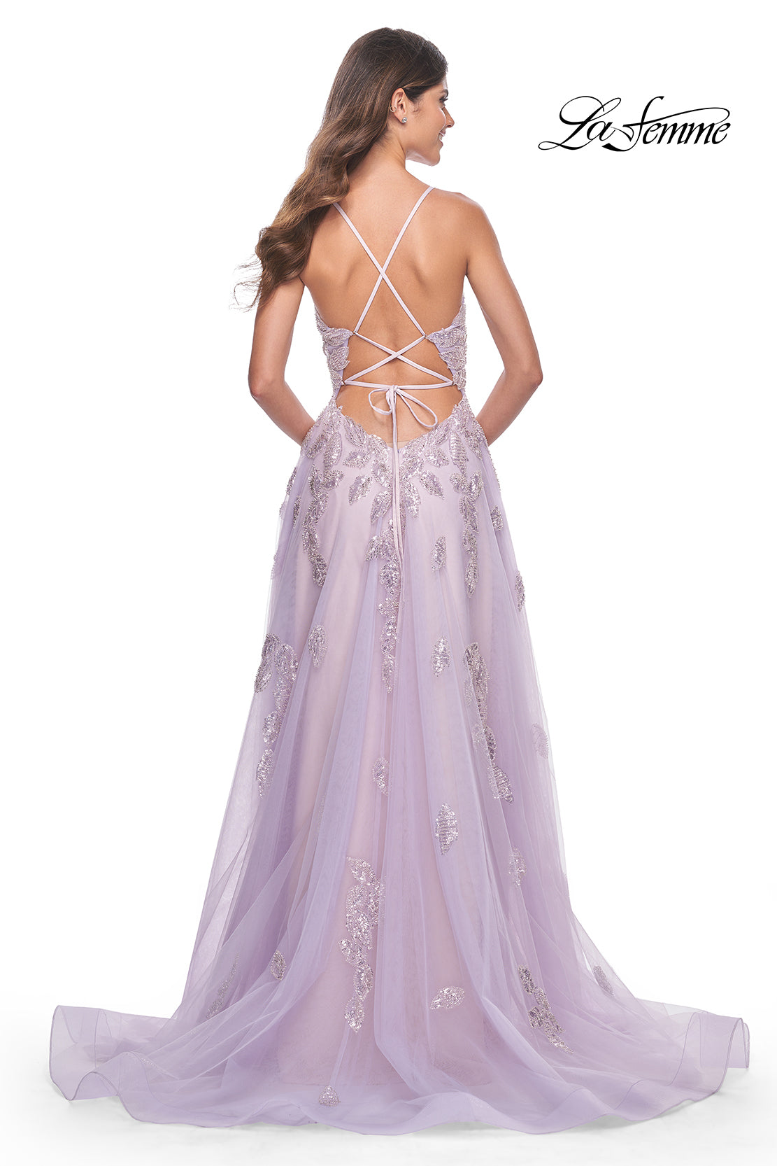 La-Femme-32090-V-Neck-Neckline-Criss-Cross-Back-Lace-Tulle-A-Line-Lavender-Evening-Dress-B-Chic-Fashions-Prom-Dress