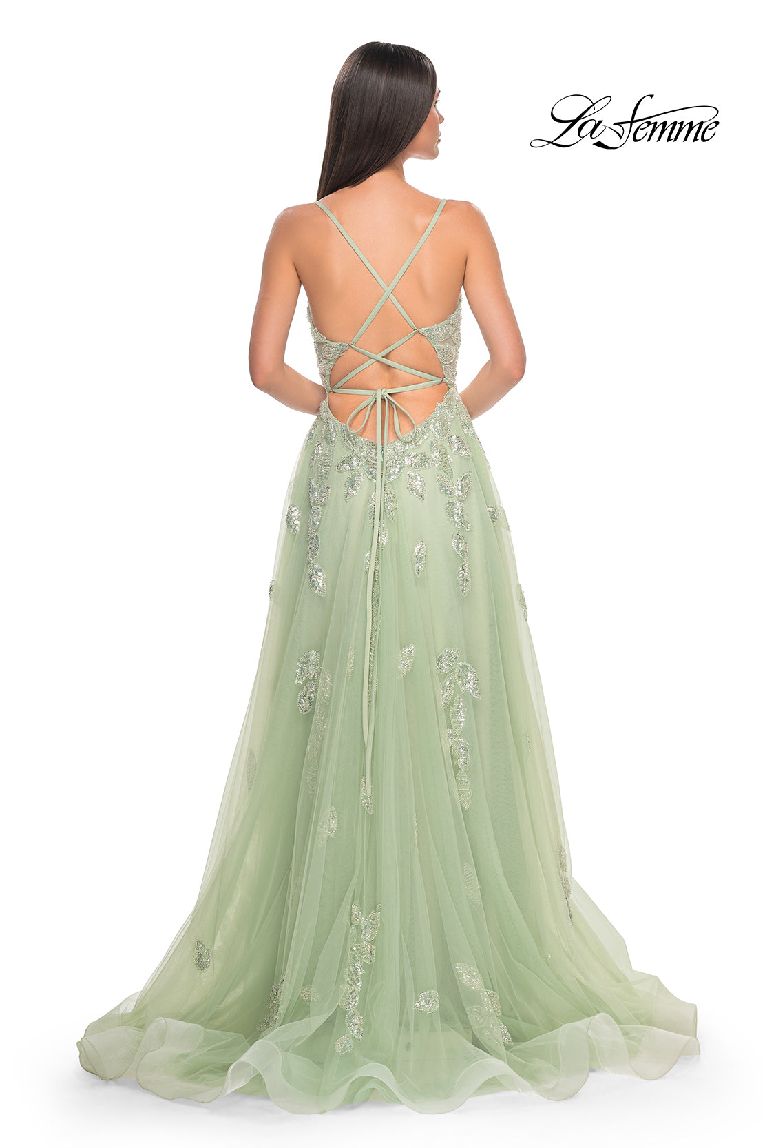 La-Femme-32090-V-Neck-Neckline-Criss-Cross-Back-Lace-Tulle-A-Line-Sage-Evening-Dress-B-Chic-Fashions-Prom-Dress