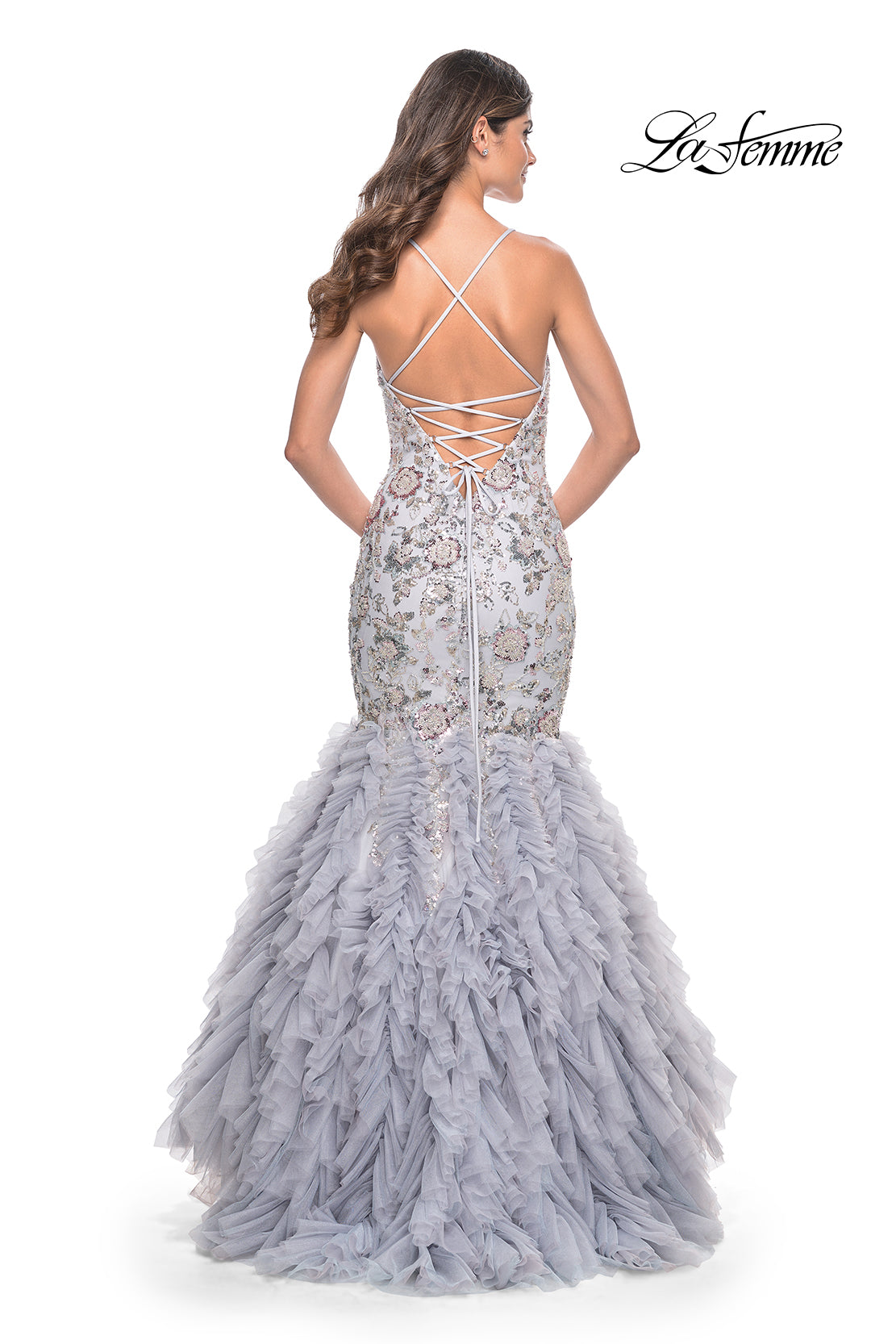 La-Femme-32105-V-Neck-Neckline-Lace-up-Back-Beaded-Ruffle-Tulle-Mermaid-Fitted-Trumpet-Silver-Evening-Dress-B-Chic-Fashions-Prom-Dress