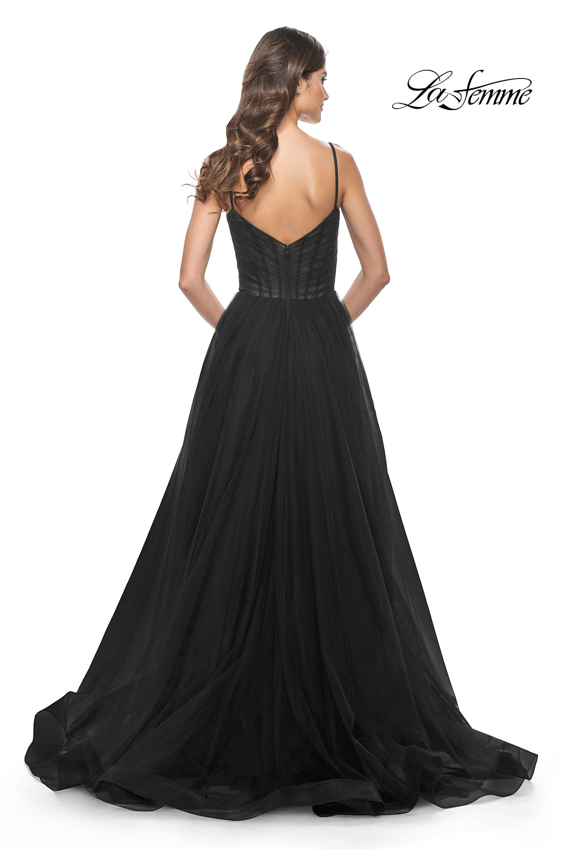 La-Femme-32130-V-Neck-Neckline-Zipper-Back-Pleating-Tulle-A-Line-Black-Evening-Dress-B-Chic-Fashions-Prom-Dress