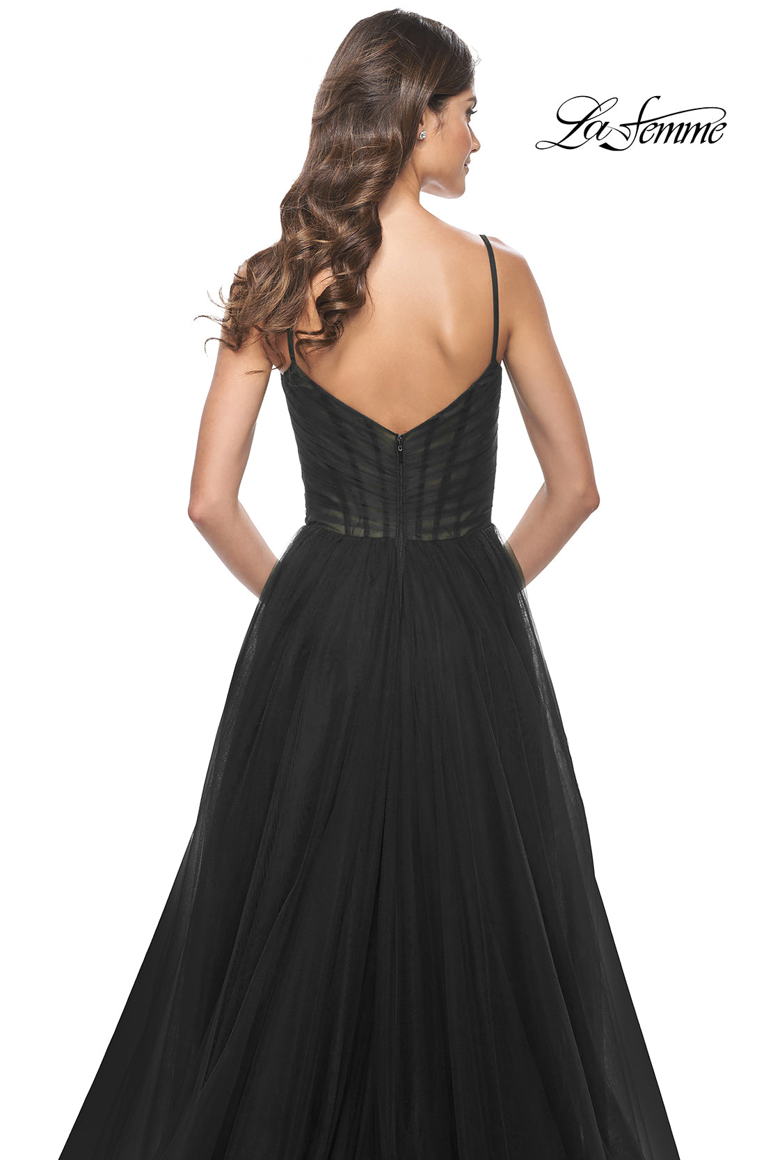 La-Femme-32130-V-Neck-Neckline-Zipper-Back-Pleating-Tulle-A-Line-Black-Evening-Dress-B-Chic-Fashions-Prom-Dress