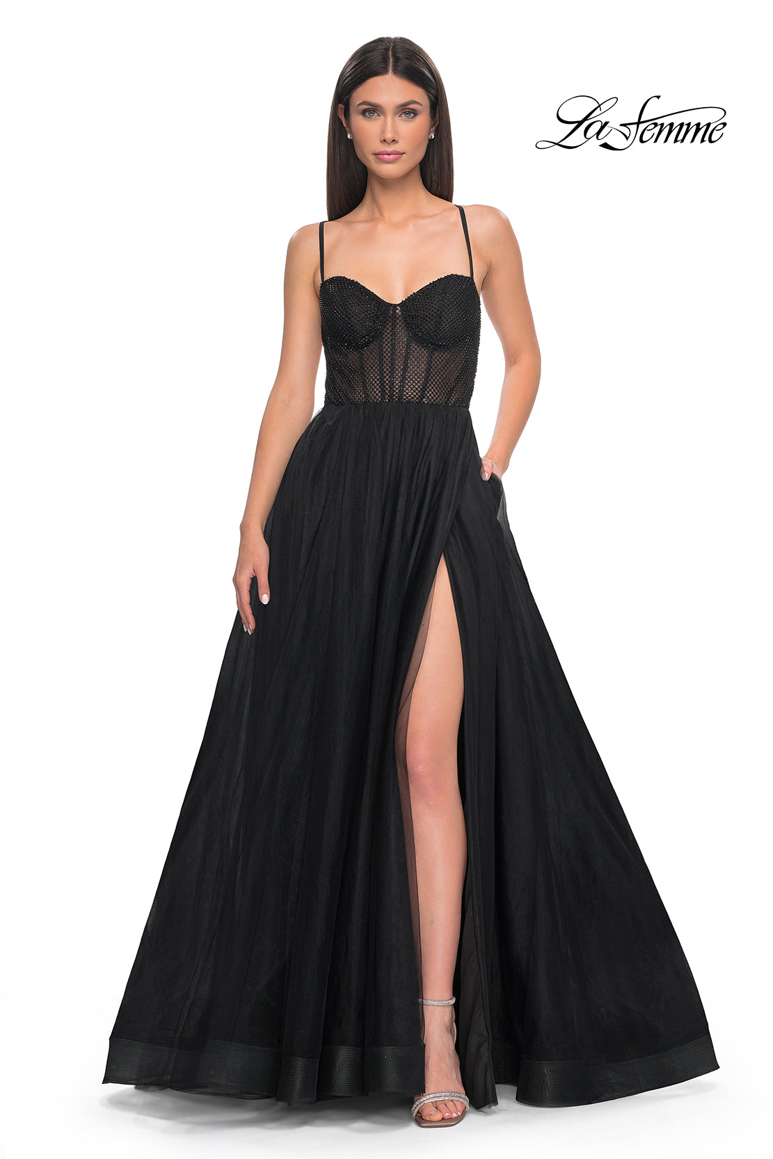 La-Femme-32135-Sweetheart-Neckline-Criss-Cross-Back-High-Slit-Fishnet-Tulle-A-Line-Black-Evening-Dress-B-Chic-Fashion-Prom-Dress