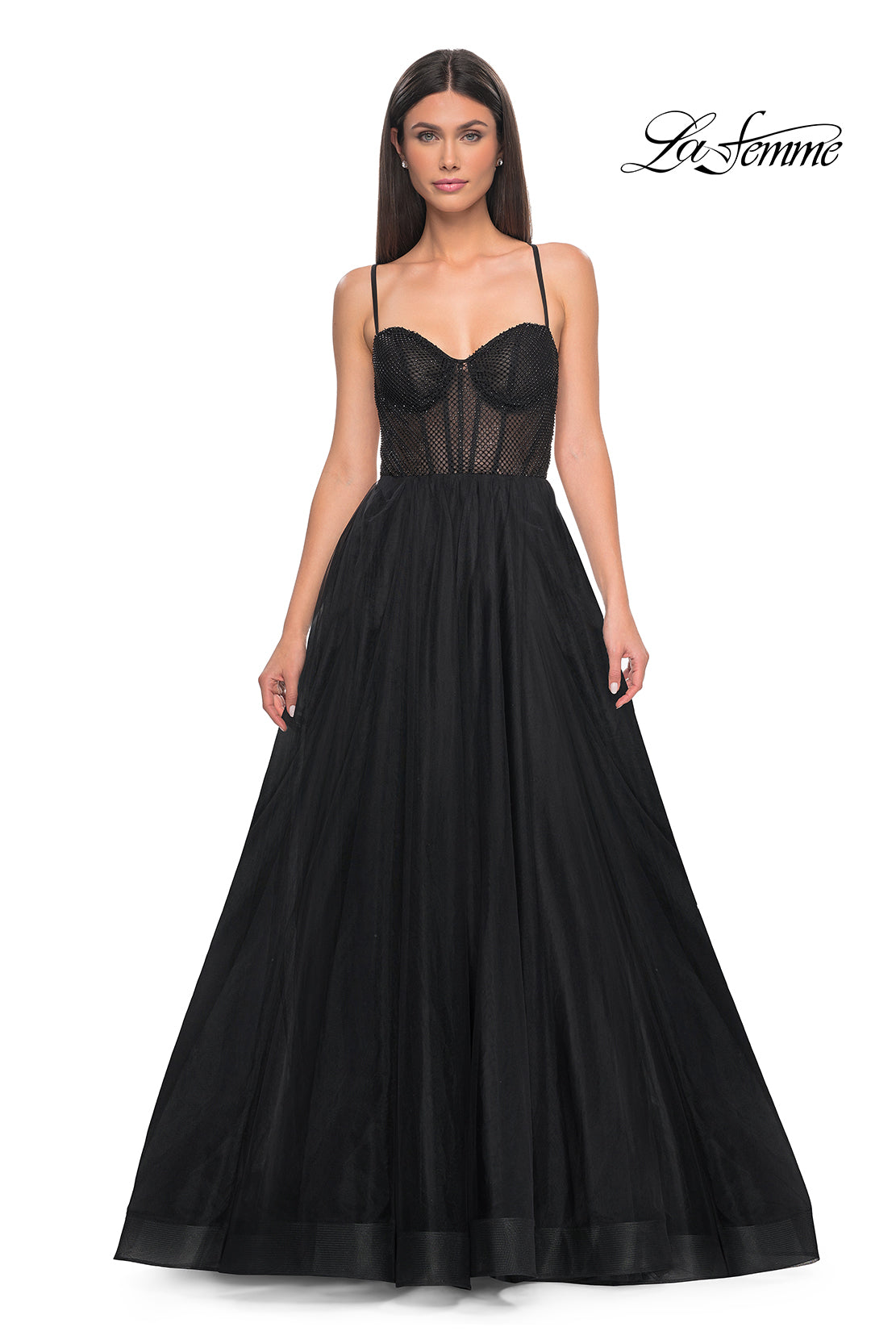 La-Femme-32135-Sweetheart-Neckline-Criss-Cross-Back-High-Slit-Fishnet-Tulle-A-Line-Black-Evening-Dress-B-Chic-Fashion-Prom-Dress