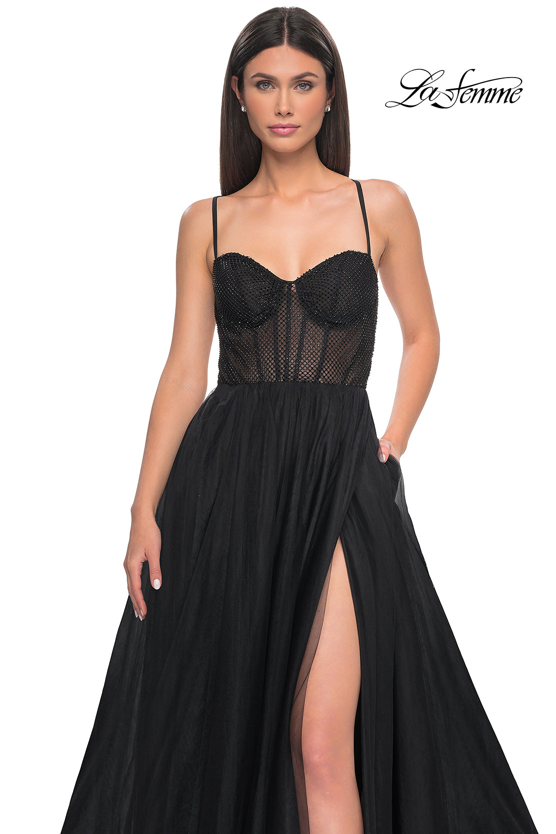 La-Femme-32135-Sweetheart-Neckline-Criss-Cross-Back-High-Slit-Fishnet-Tulle-A-Line-Black-Evening-Dress-B-Chic-Fashion-Prom-Dress