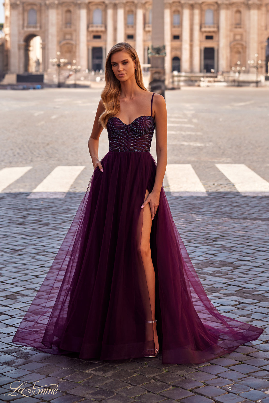 La-Femme-32135-Sweetheart-Neckline-Criss-Cross-Back-High-Slit-Fishnet-Tulle-A-Line-Dark-Berry-Evening-Dress-B-Chic-Fashion-Prom-Dress