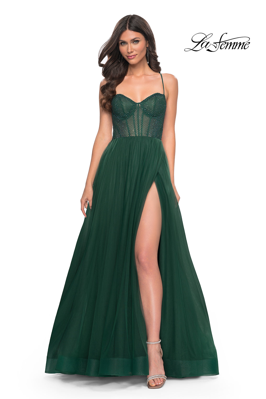 La-Femme-32135-Sweetheart-Neckline-Criss-Cross-Back-High-Slit-Fishnet-Tulle-A-Line-DarkEmerald-Evening-Dress-B-Chic-Fashion-Prom-Dress