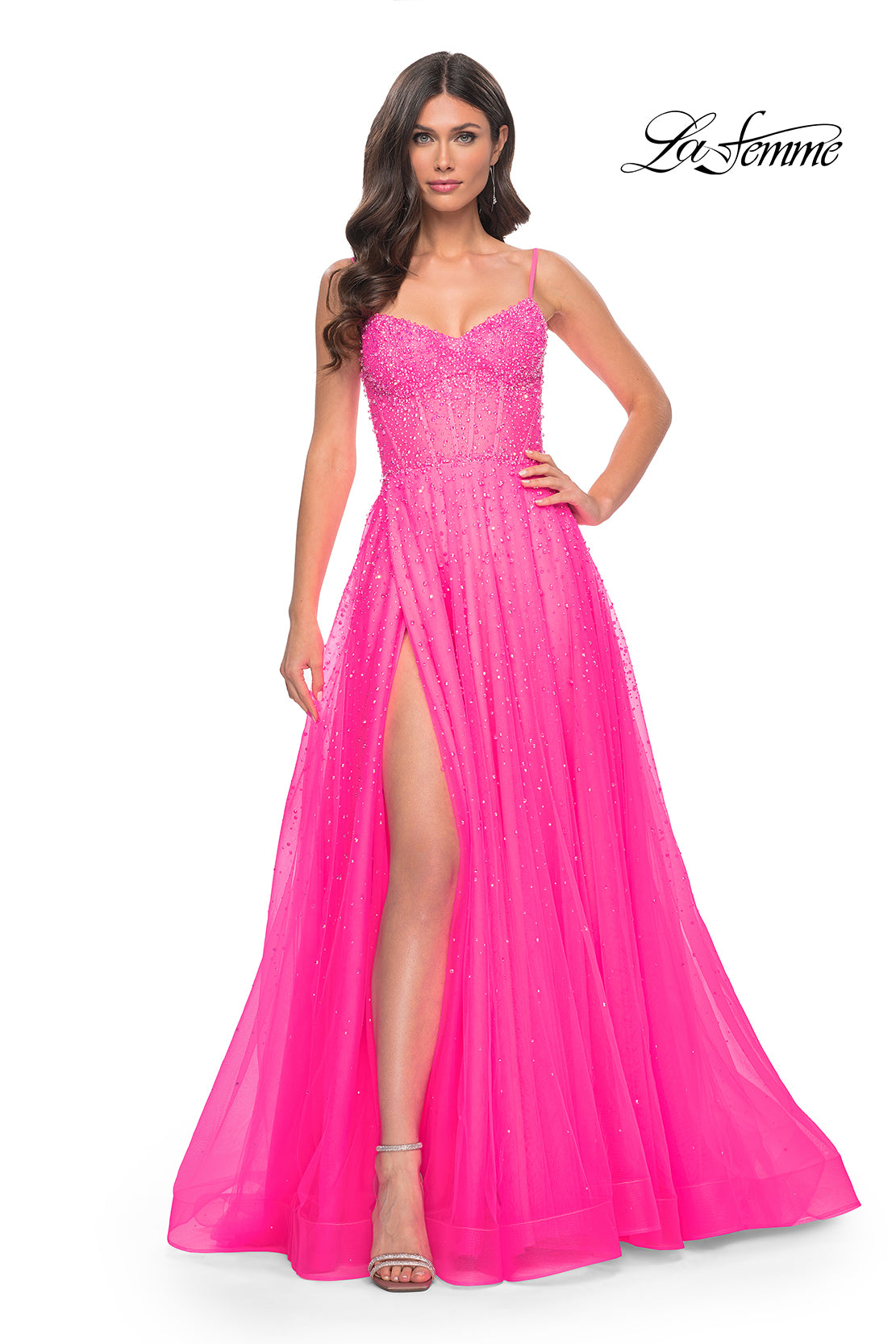 La-Femme-32146-Sweetheart-Neckline-Zipper-Back-High-Slit-HotStone-Tulle-A-Line-Neon-Pink-Evening-Dress-B-Chic-Fashions-Prom-Dress