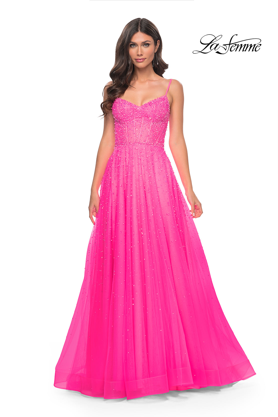 La-Femme-32146-Sweetheart-Neckline-Zipper-Back-High-Slit-HotStone-Tulle-A-Line-Neon-Pink-Evening-Dress-B-Chic-Fashions-Prom-Dress