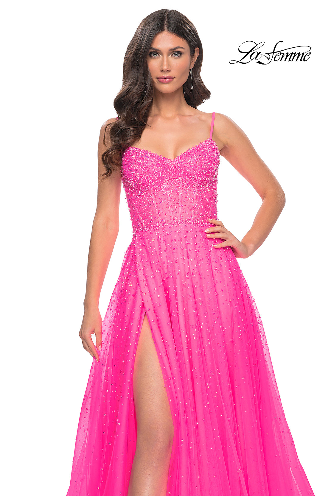 La-Femme-32146-Sweetheart-Neckline-Zipper-Back-High-Slit-HotStone-Tulle-A-Line-Neon-Pink-Evening-Dress-B-Chic-Fashions-Prom-Dress