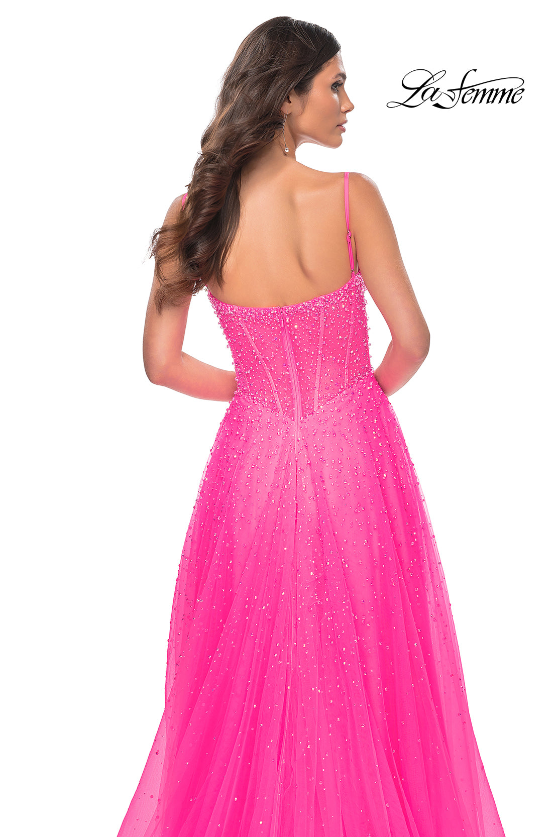 La-Femme-32146-Sweetheart-Neckline-Zipper-Back-High-Slit-HotStone-Tulle-A-Line-Neon-Pink-Evening-Dress-B-Chic-Fashions-Prom-Dress