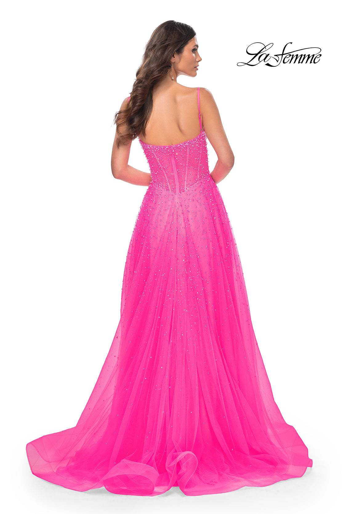 La-Femme-32146-Sweetheart-Neckline-Zipper-Back-High-Slit-HotStone-Tulle-A-Line-Neon-Pink-Evening-Dress-B-Chic-Fashions-Prom-Dress
