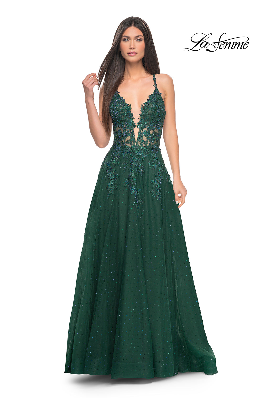 La-Femme-32147-Deep-V-Neckline-Lace-up-Back-High-Slit-Lace-Tulle-A-Line-Emerald-Evening-Dress-B-Chic-Fashions-Prom-Dress