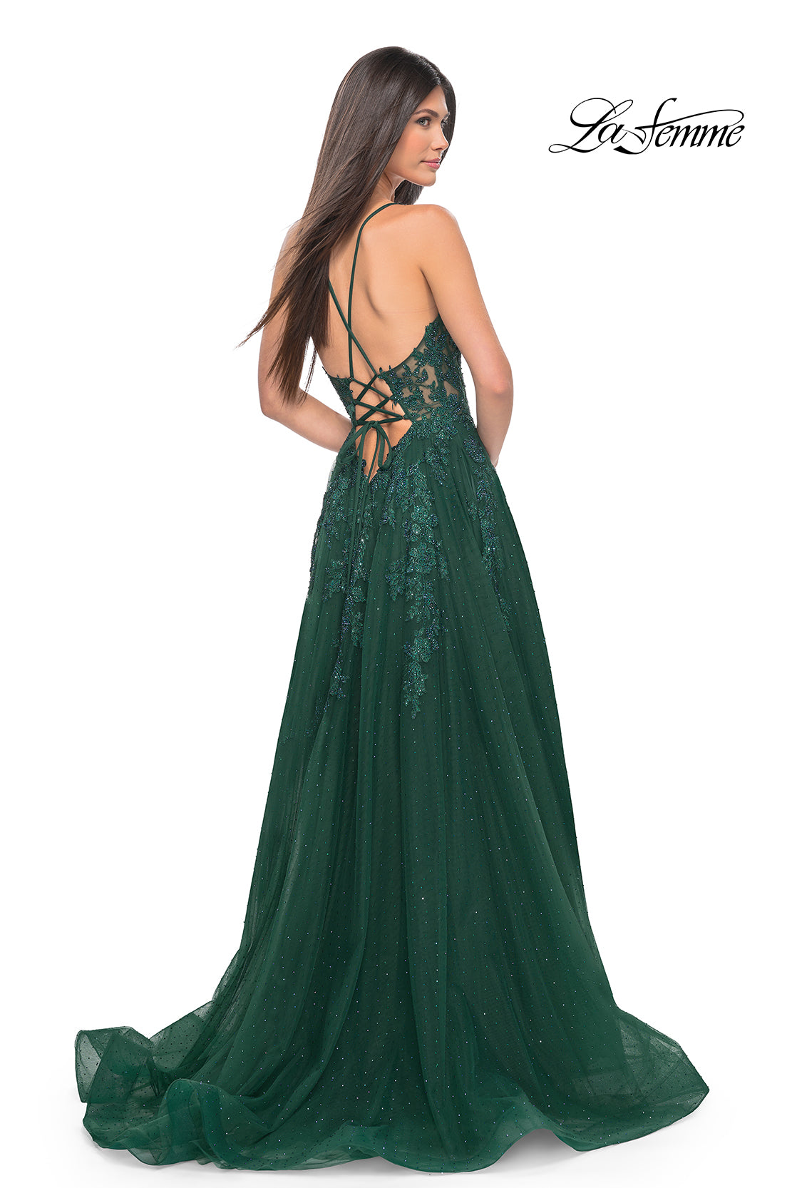 La-Femme-32147-Deep-V-Neckline-Lace-up-Back-High-Slit-Lace-Tulle-A-Line-Emerald-Evening-Dress-B-Chic-Fashions-Prom-Dress