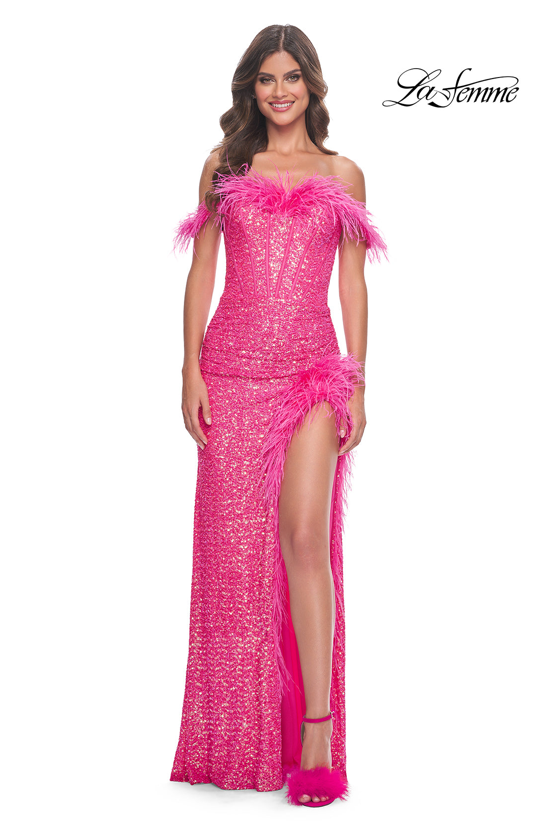 La-Femme-32150-Sweetheart-Neckline-Zipper-Back-High-Slit-Sequin-Feathers-Fitted-Neon-Pink-Evening-Dress-B-Chic-Fashions-Prom-Dress