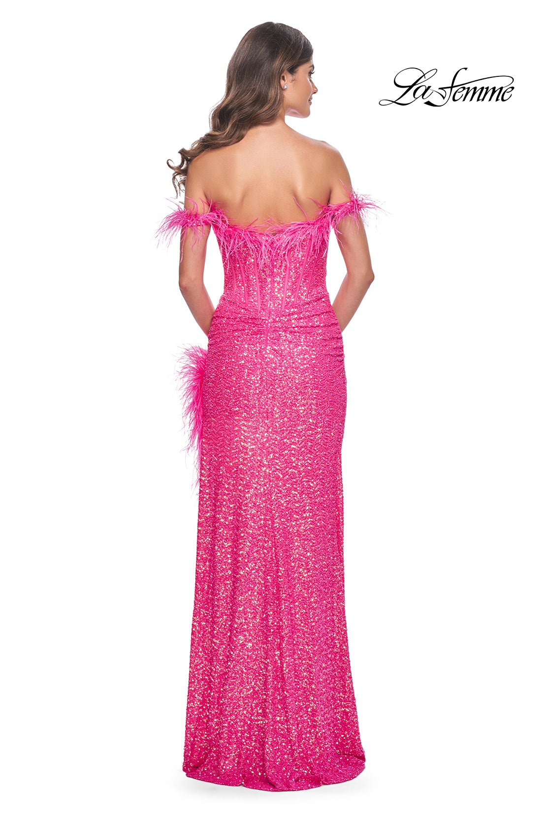 La-Femme-32150-Sweetheart-Neckline-Zipper-Back-High-Slit-Sequin-Feathers-Fitted-Neon-Pink-Evening-Dress-B-Chic-Fashions-Prom-Dress