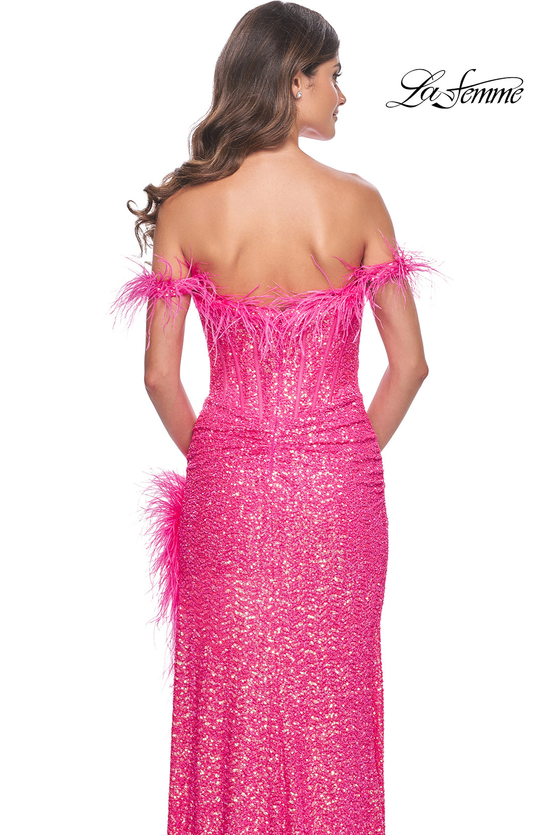 La-Femme-32150-Sweetheart-Neckline-Zipper-Back-High-Slit-Sequin-Feathers-Fitted-Neon-Pink-Evening-Dress-B-Chic-Fashions-Prom-Dress
