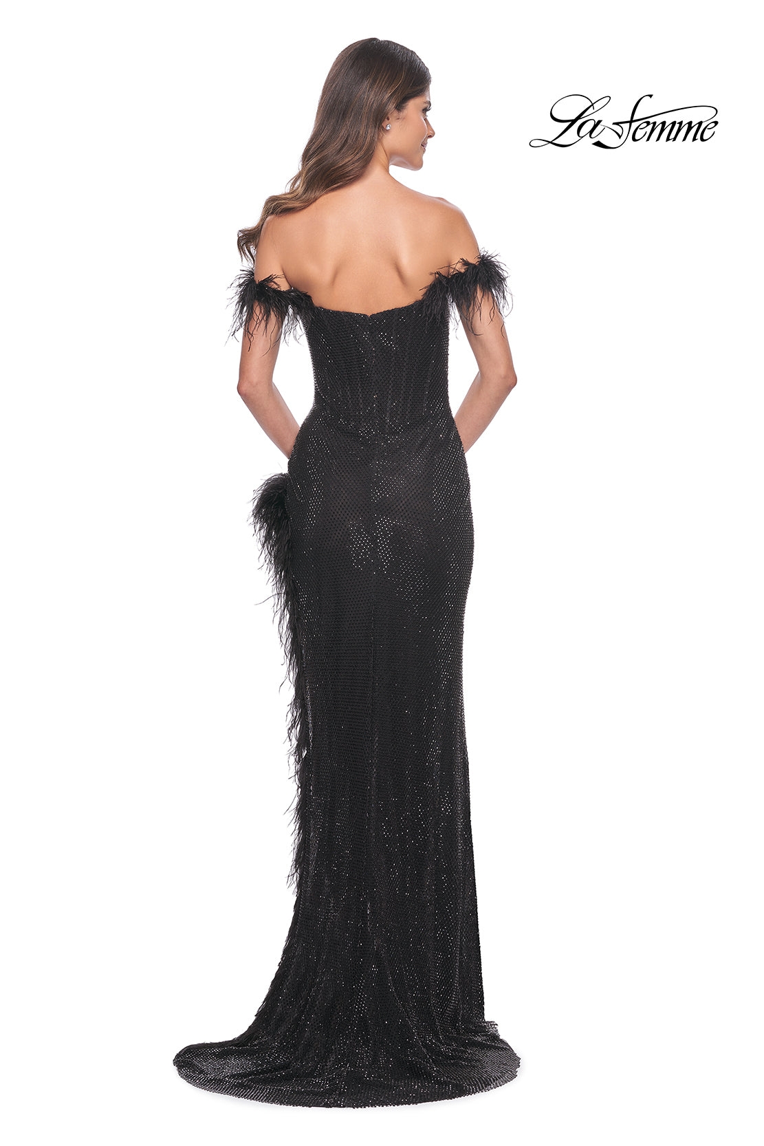 La-Femme-32151-Scoop-Neckline-Zipper-Back-High-Slit-Hot-Stone-Fishnet-Feathers-Column-Fitted-Black-Evening-Dress-B-Chic-Fashions-Prom-Dress