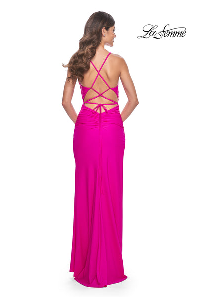 La-Femme-32152-V-Neck-Neckline-Criss-Cross-Back-High-Slit-Jersey-Column-Fitted-Hot-Fuchsia-Evening-Dress-B-Chic-Fashions-Prom-Dress