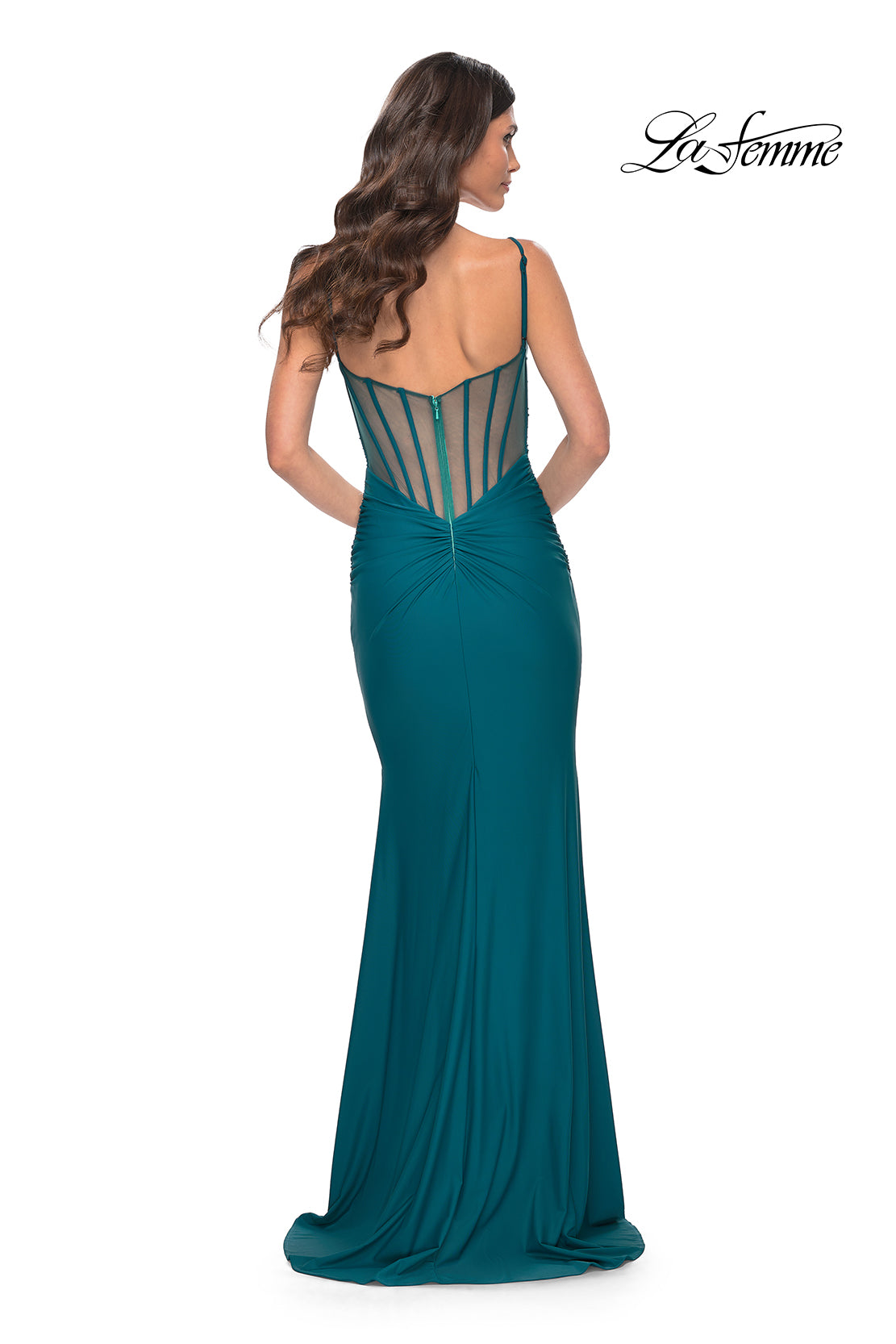 La-Femme-32153-V-Neck-Neckline-Zipper-Back-Ruched-Jersey-Fitted-Dark-Teal-Evening-Dress-B-Chic-Fashions-Prom-Dress