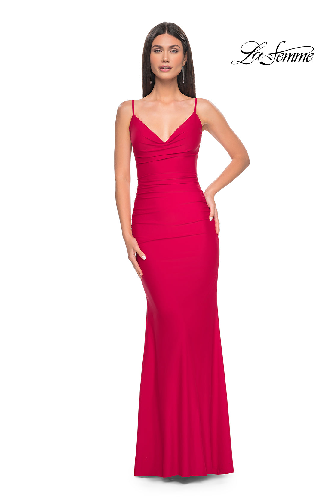 La-Femme-32153-V-Neck-Neckline-Zipper-Back-Ruched-Jersey-Fitted-Red-Evening-Dress-B-Chic-Fashions-Prom-Dress