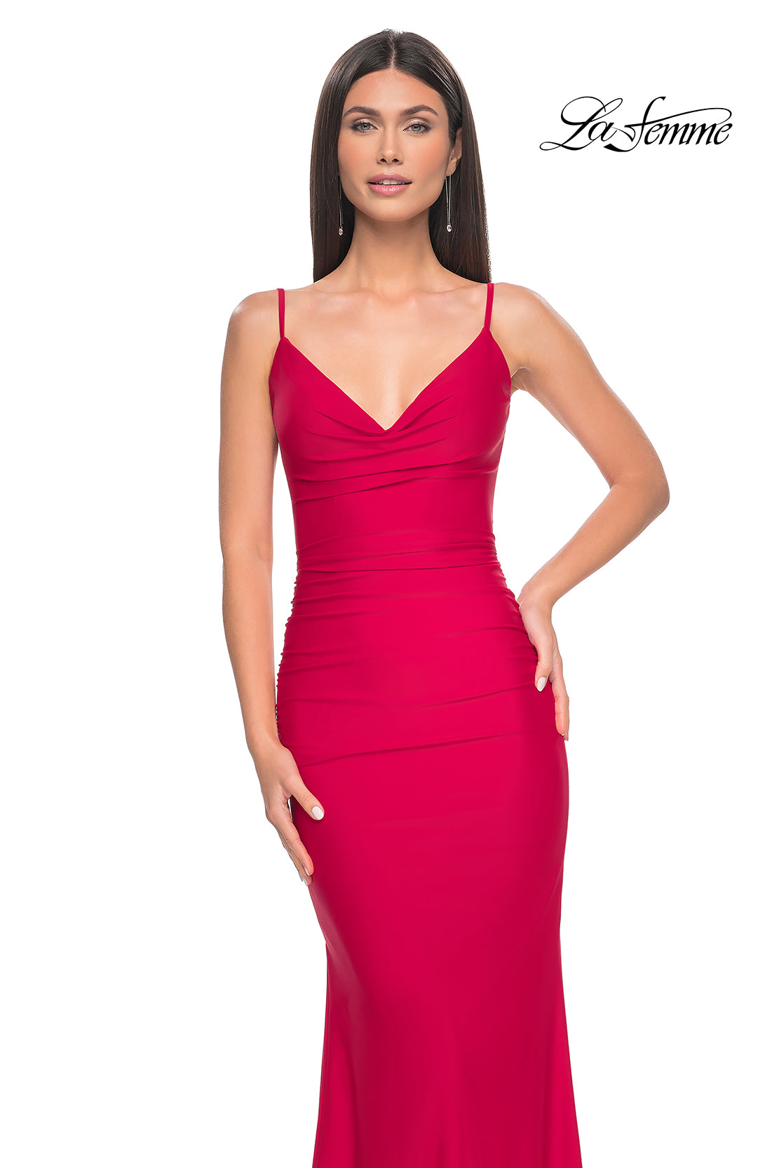 La-Femme-32153-V-Neck-Neckline-Zipper-Back-Ruched-Jersey-Fitted-Red-Evening-Dress-B-Chic-Fashions-Prom-Dress