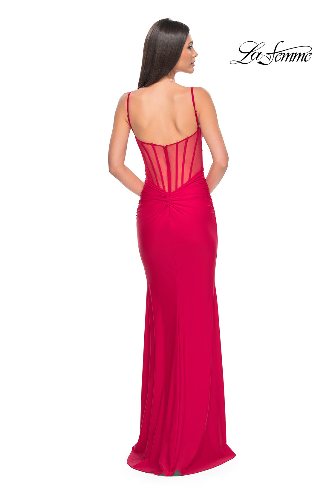La-Femme-32153-V-Neck-Neckline-Zipper-Back-Ruched-Jersey-Fitted-Red-Evening-Dress-B-Chic-Fashions-Prom-Dress