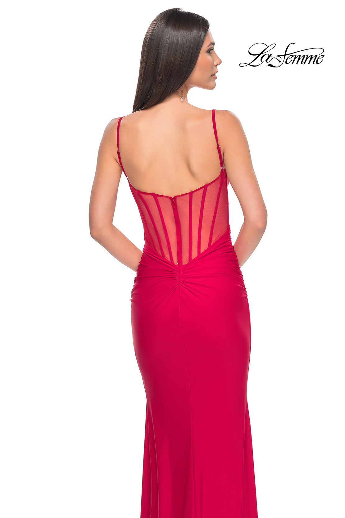 La-Femme-32153-V-Neck-Neckline-Zipper-Back-Ruched-Jersey-Fitted-Red-Evening-Dress-B-Chic-Fashions-Prom-Dress