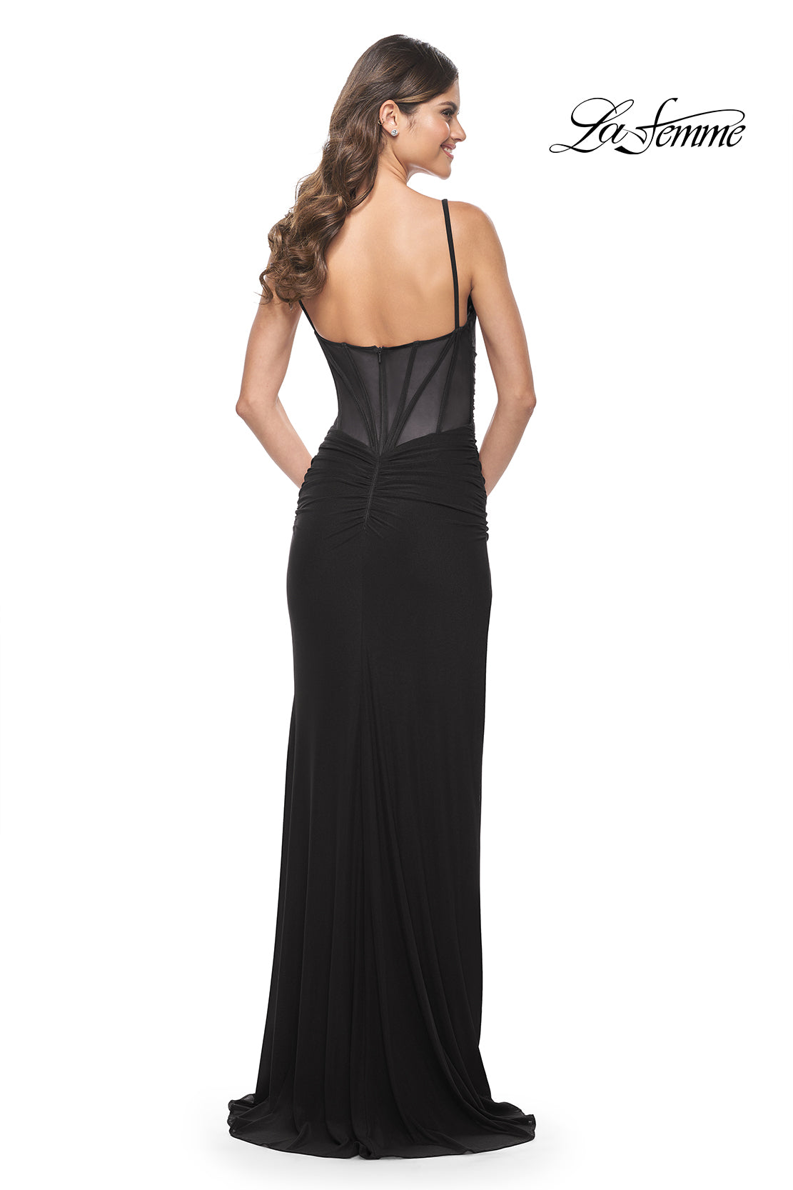 La-Femme-32160-V-Neck-Neckline-Zipper-Back-High-Slit-Net-Jersey-Fitted-Black-Evening-Dress-B-Chic-Fashions-Prom-Dress