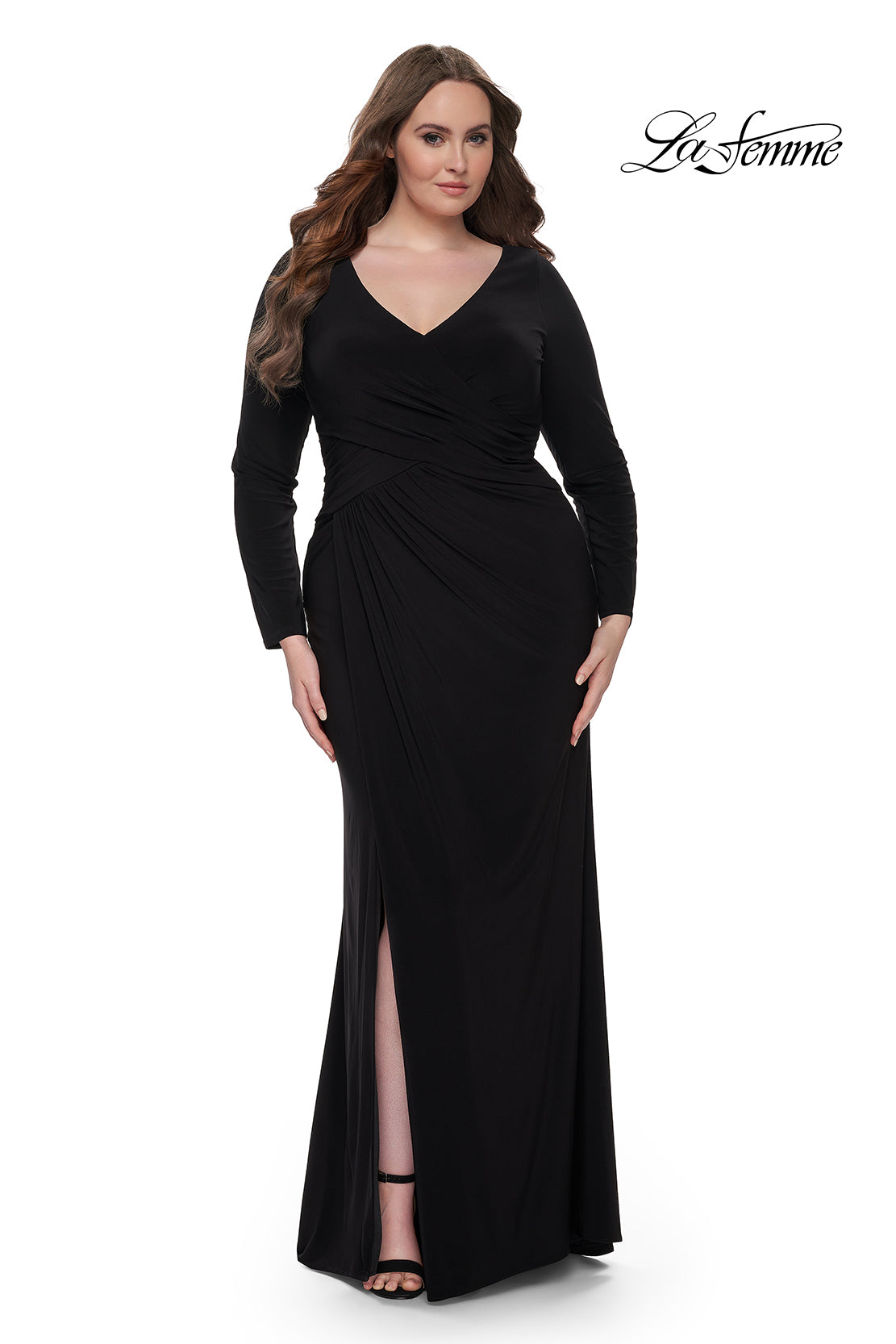 La-Femme-32191-V-Neck-Neckline-Zipper-Back-High-Slit-Hot-Jersey-Fitted-Black-Evening-Dress-B-Chic-Fashions-Prom-Dress