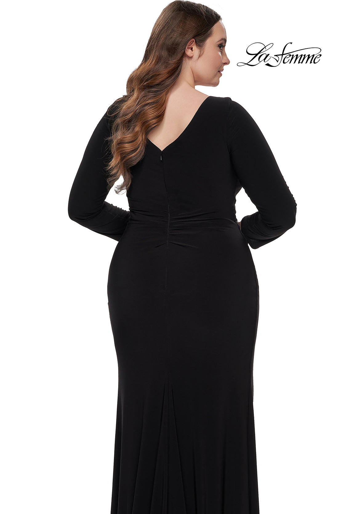 La-Femme-32191-V-Neck-Neckline-Zipper-Back-High-Slit-Hot-Jersey-Fitted-Black-Evening-Dress-B-Chic-Fashions-Prom-Dress