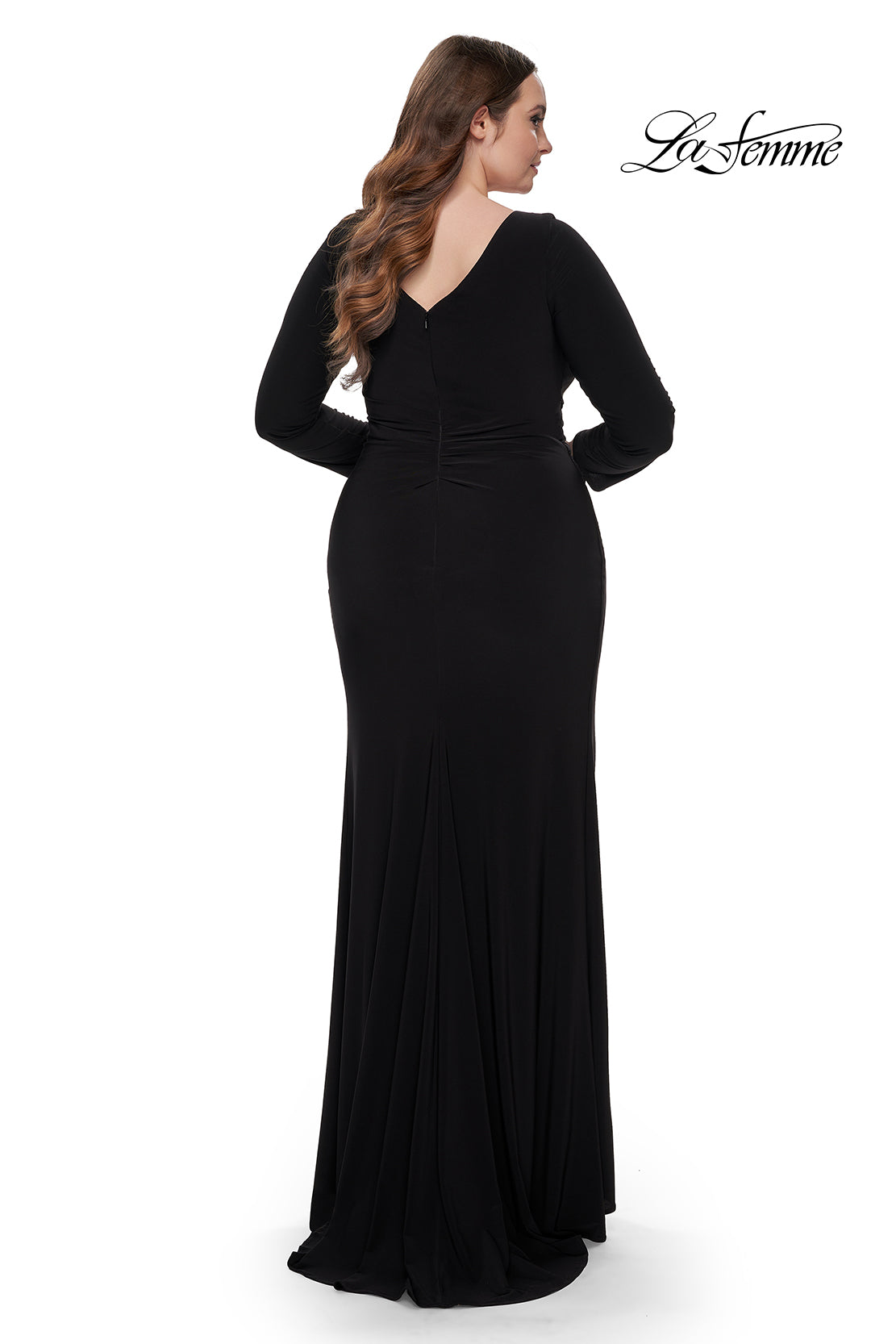 Shop La Femme 32191 V-Neck Neckline Zipper Back High Slit Jersey Fitted Evening Dress B Chic Fashions Shop La Femme 32191 V-Neck Neckline Zipper Back High Slit Jersey Fitted Evening Dress B Chic Fashions