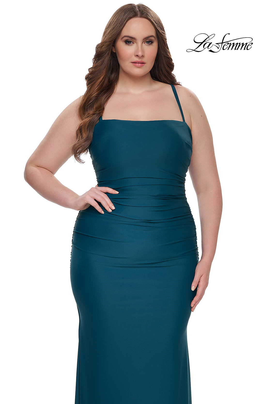 Shop La Femme 32195 Square Neckline Lace up Back Ruched Jersey Fitted Evening Dress B Chic Fashions Shop La Femme 32195 Square Neckline Lace up Back Ruched Jersey Fitted Evening Dress B Chic Fashions