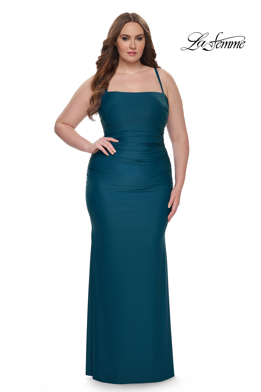 La-Femme-32195-Square-Neckline-Lace-up-Back-Ruched-Jersey-Fitted-Dark-Teal-Evening-Dress-B-Chic-Fashions-Prom-Dress