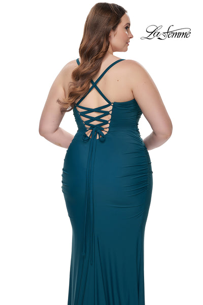 La-Femme-32195-Square-Neckline-Lace-up-Back-Ruched-Jersey-Fitted-Dark-Teal-Evening-Dress-B-Chic-Fashions-Prom-Dress