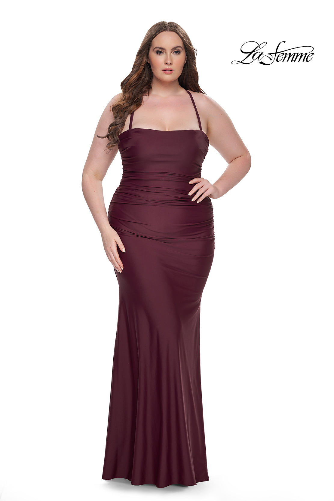La-Femme-32195-Square-Neckline-Lace-up-Back-Ruched-Jersey-Fitted-Dark-Wine-Evening-Dress-B-Chic-Fashions-Prom-Dress