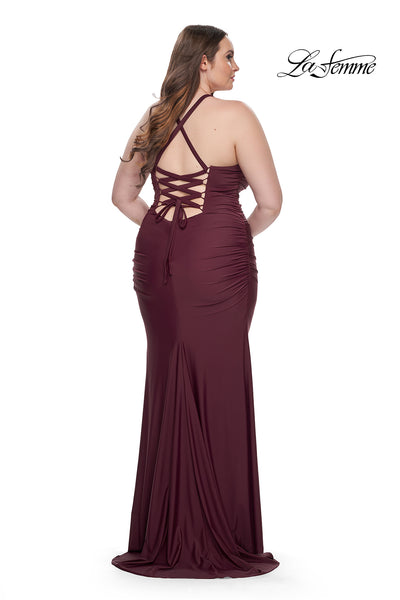 La-Femme-32195-Square-Neckline-Lace-up-Back-Ruched-Jersey-Fitted-Dark-Wine-Evening-Dress-B-Chic-Fashions-Prom-Dress
