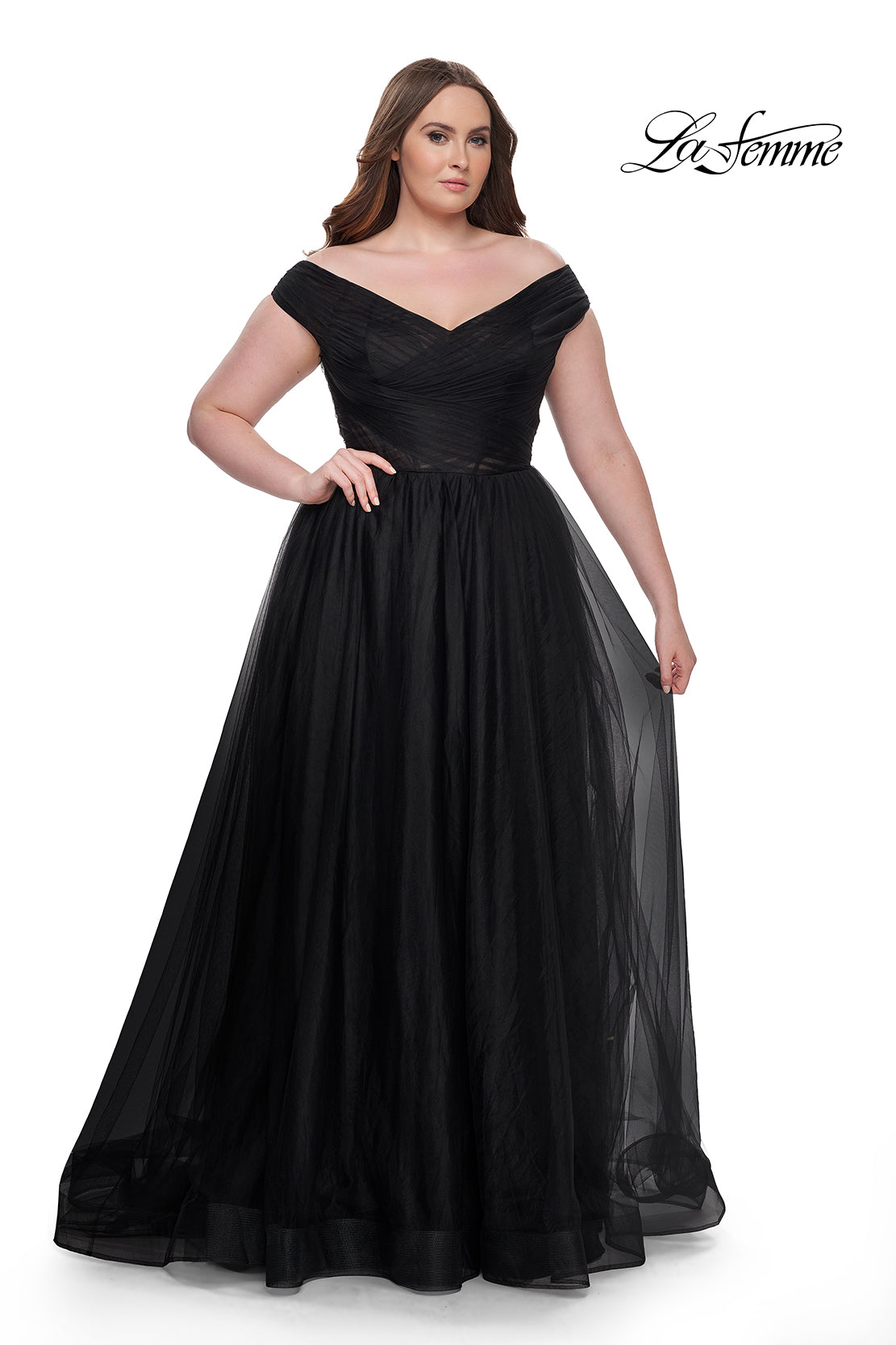 La-Femme-32204-V-Neck-Neckline-Zipper-Back-Ruched-Tulle-A-Line-Black-Evening-Dress-B-Chic-Fashions-Prom-Dress