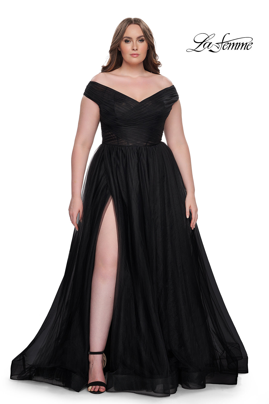 La-Femme-32204-V-Neck-Neckline-Zipper-Back-Ruched-Tulle-A-Line-Black-Evening-Dress-B-Chic-Fashions-Prom-Dress