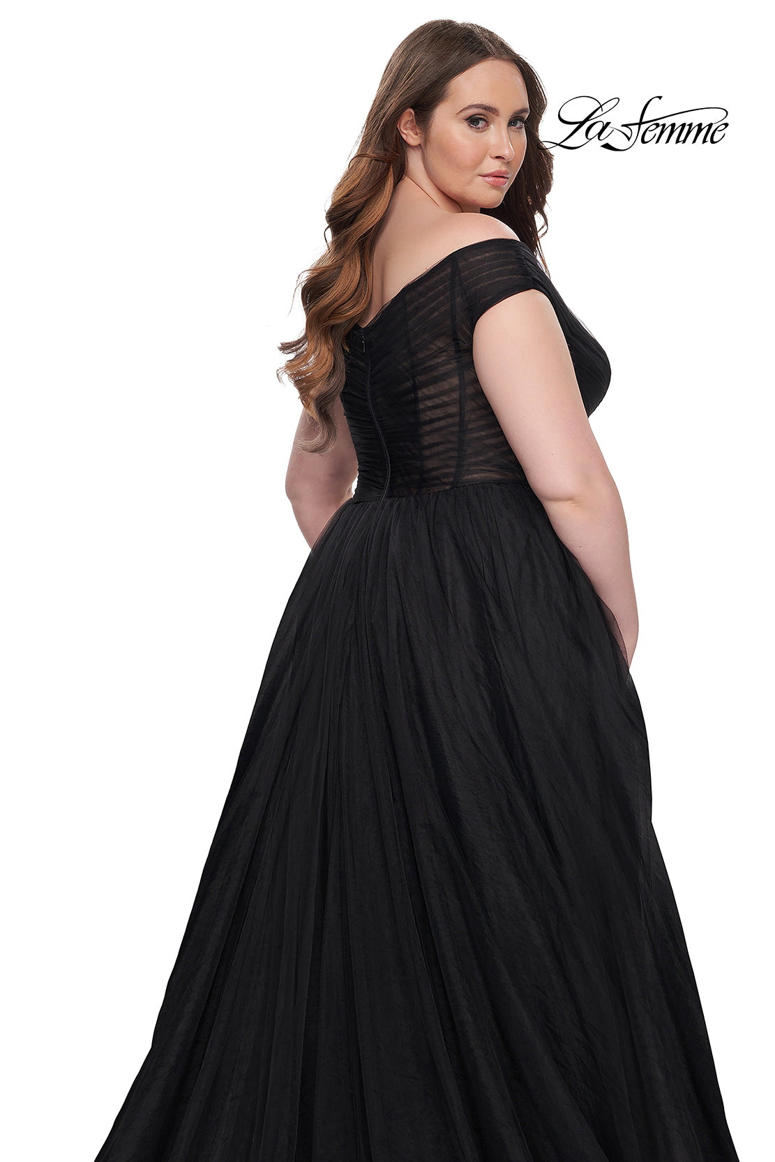 La-Femme-32204-V-Neck-Neckline-Zipper-Back-Ruched-Tulle-A-Line-Black-Evening-Dress-B-Chic-Fashions-Prom-Dress