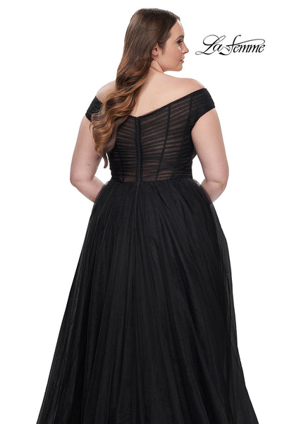 La-Femme-32204-V-Neck-Neckline-Zipper-Back-Ruched-Tulle-A-Line-Black-Evening-Dress-B-Chic-Fashions-Prom-Dress
