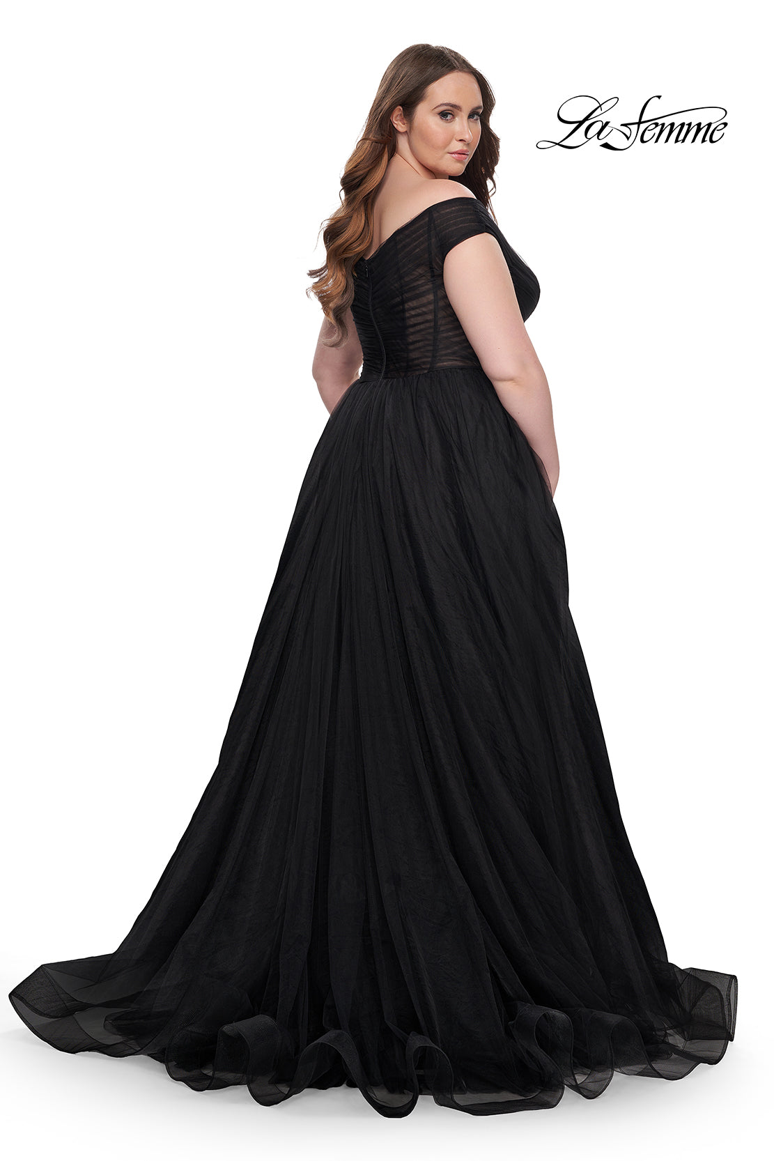 La-Femme-32204-V-Neck-Neckline-Zipper-Back-Ruched-Tulle-A-Line-Black-Evening-Dress-B-Chic-Fashions-Prom-Dress