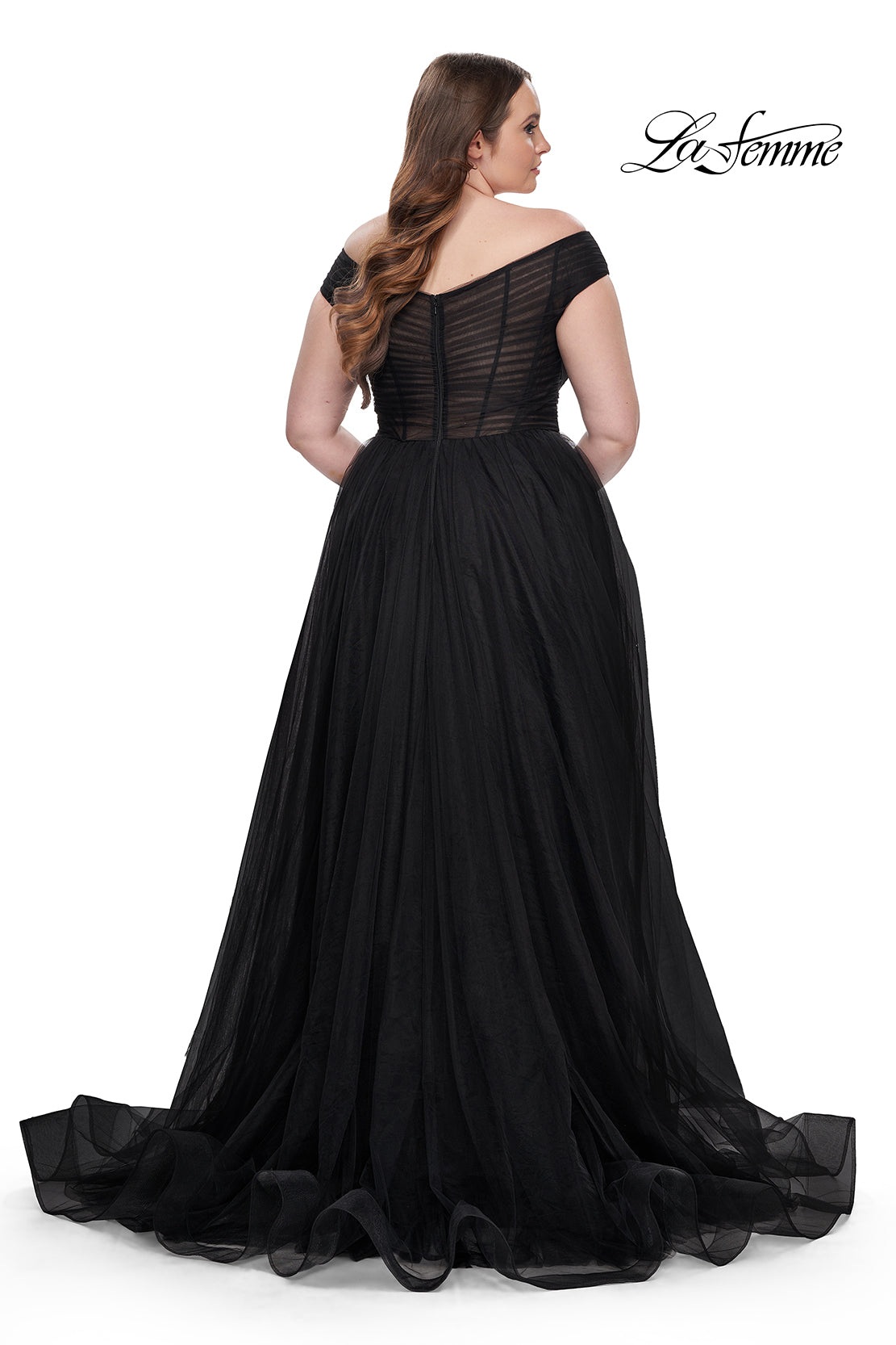 La-Femme-32204-V-Neck-Neckline-Zipper-Back-Ruched-Tulle-A-Line-Black-Evening-Dress-B-Chic-Fashions-Prom-Dress