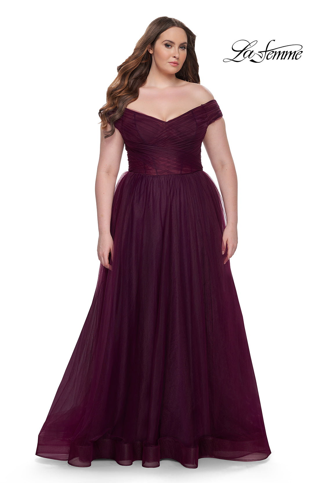 La-Femme-32204-V-Neck-Neckline-Zipper-Back-Ruched-Tulle-A-Line-Dark-Berry-Evening-Dress-B-Chic-Fashions-Prom-Dress