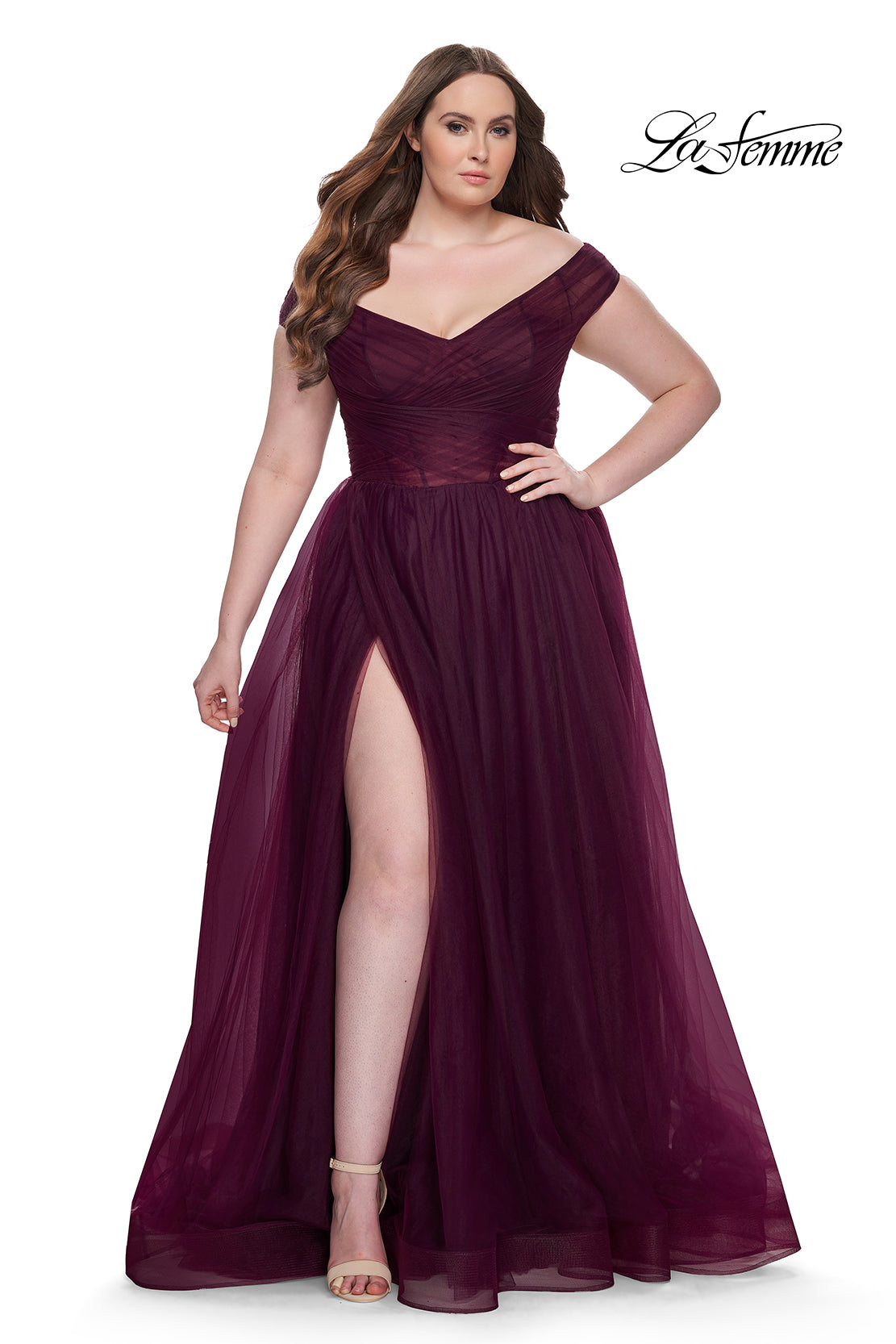 La-Femme-32204-V-Neck-Neckline-Zipper-Back-Ruched-Tulle-A-Line-Dark-Berry-Evening-Dress-B-Chic-Fashions-Prom-Dress